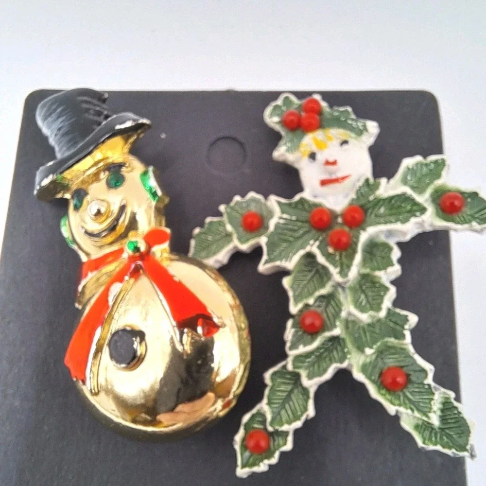 Vintage Beatrix Christmas Holiday Brooch Set of 2 Snowman and Festive Scarecrow